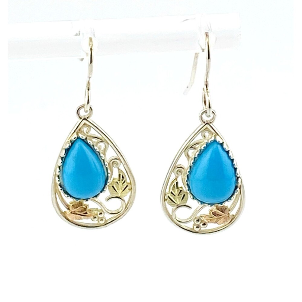 Vintage Coleman Black Hills Gold Turquoise Drop Earrings Sterling Silver and 12k
